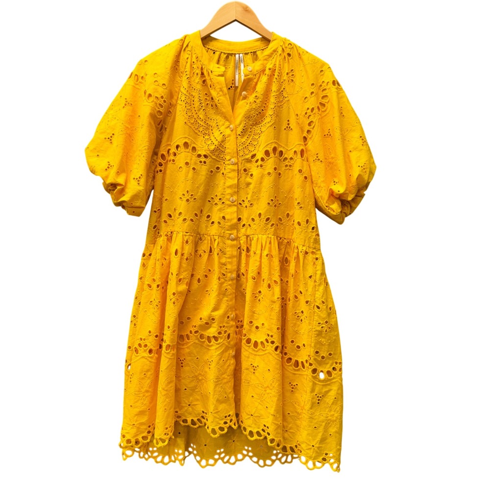 Anthropologie Dress Womens Small Tallulah Eyelet Mini Lined Tiered Yellow Boho